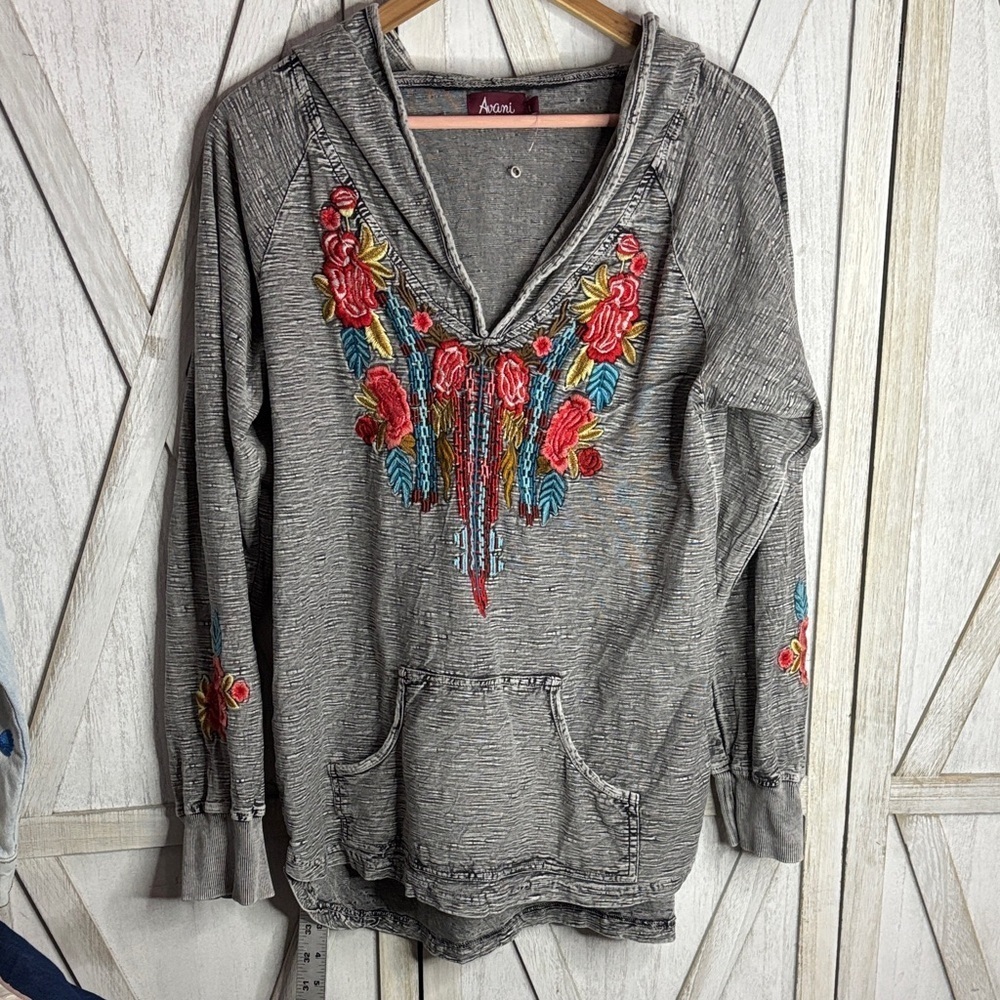 AVANI DEL AMOUR Embroidered Floral Boho Hoodie Tunic • SIZE Large• Gray - Picture 2 of 11